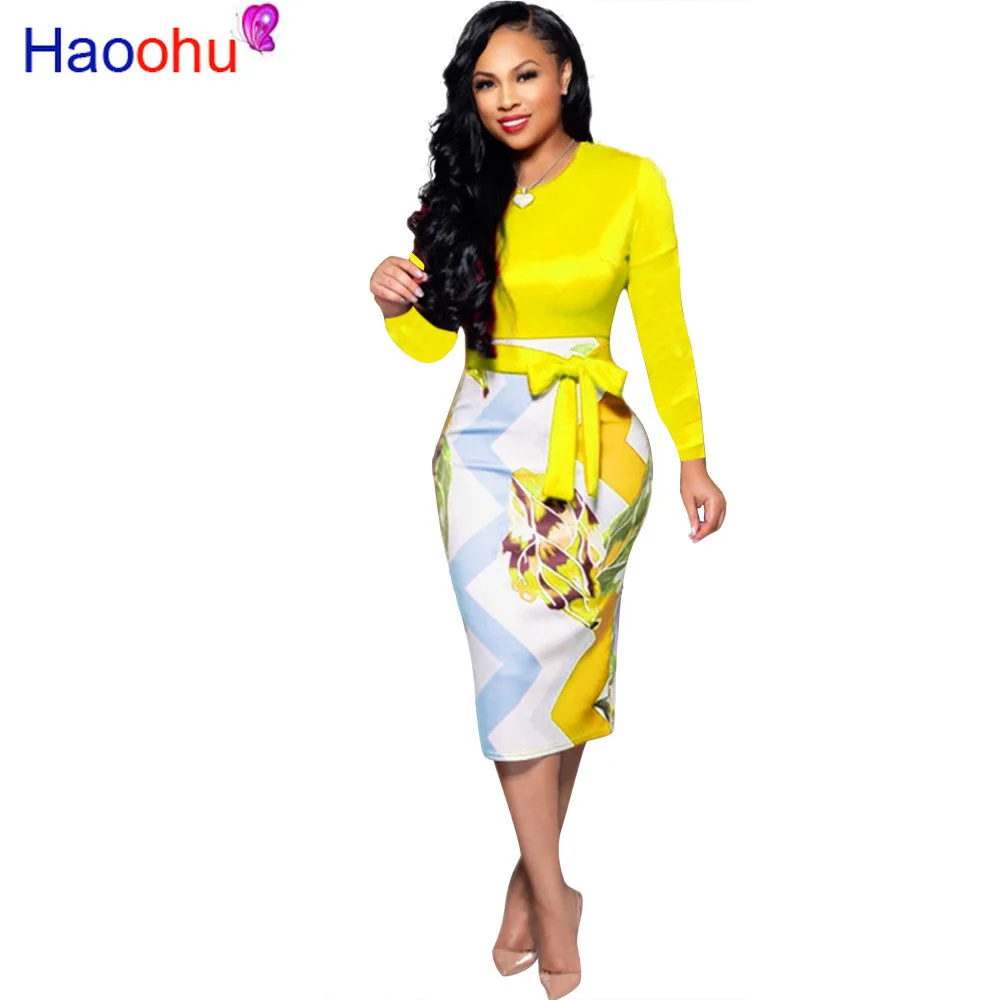 

Printed Waist Tie Bow Sexy Pencil Dress Women Long Sleeve Spliced Back Split Bodycon Dress Elegant Ladies Maxi Long Office Dress