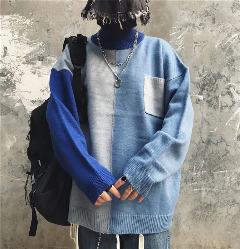 Winter Turtleneck Sweater Men's Warm Fashion Contrast Casual Knit Pullover Men Streetwear Hip Hop Knitting Sweaters Male Clothes