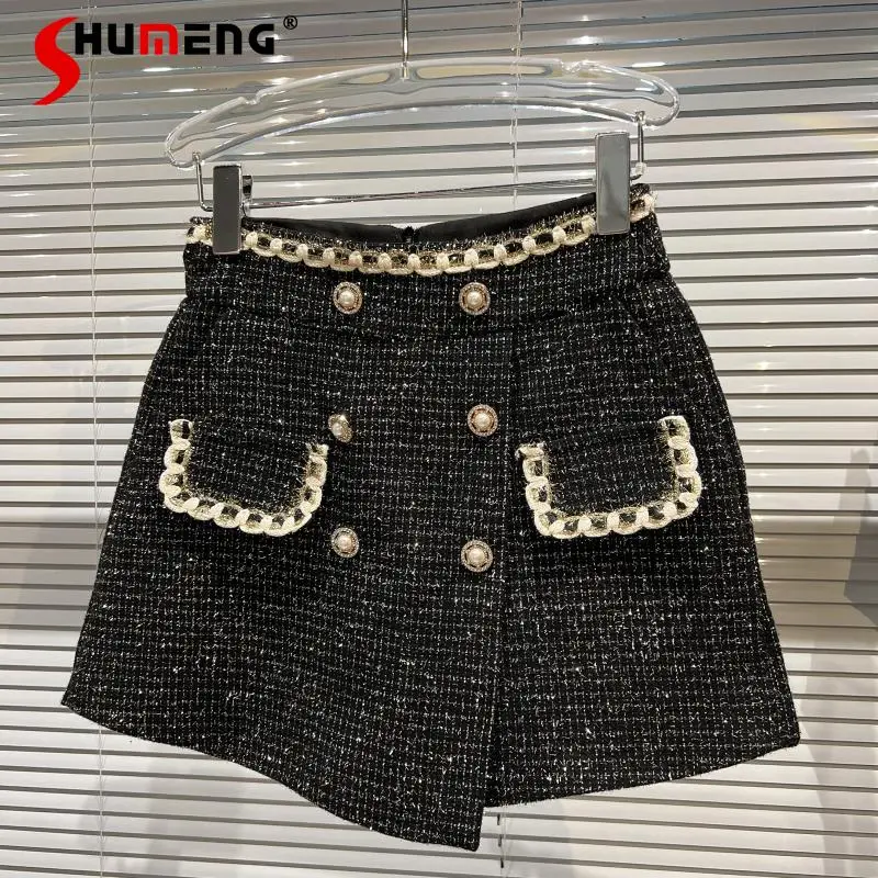 

2021 Winter New Women's Fashion Pearl Buckle Double Pocket Pantskirt Ladies Elegant Solid Bright Silk Plaid Tweed Folding Shorts
