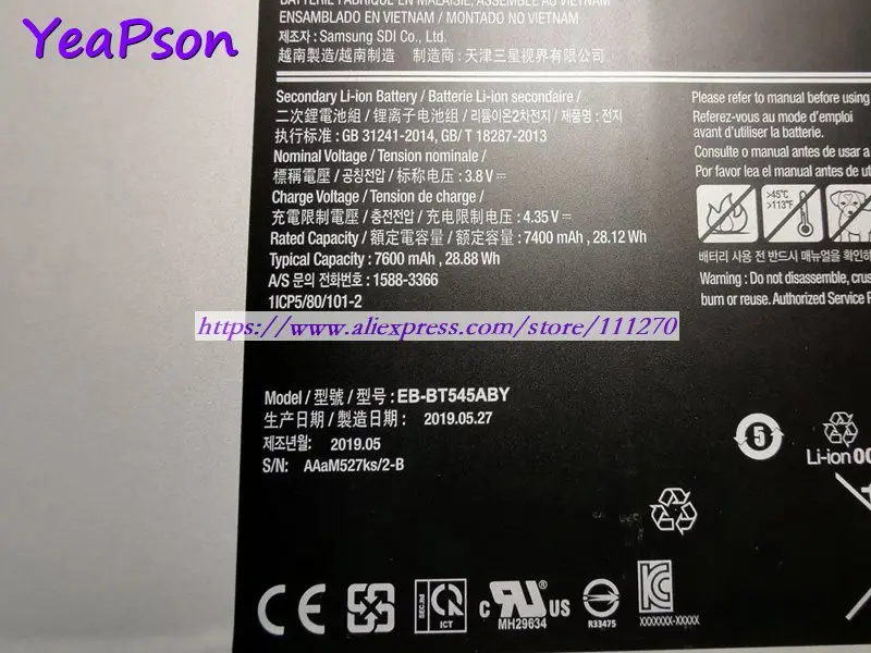Оригинальный аккумулятор Yeapson EB-BT545ABY AAaM527KS/2-B для ноутбука Samsung 3 8 в 7600 мАч Вт/ч |