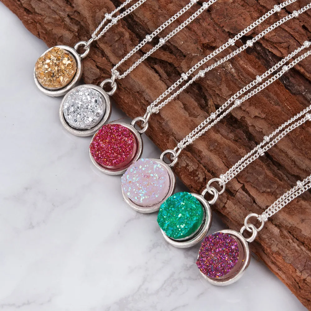

Summer Handmade Drusy Resin Cabochon Round Pendant Necklace New Fashion Bohemia Woman Jewelry