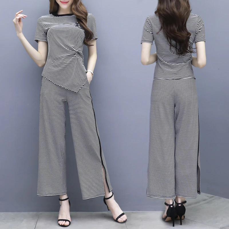 Полосатый широкий брючный костюм 2019 Весна и лето женский новый темперамент