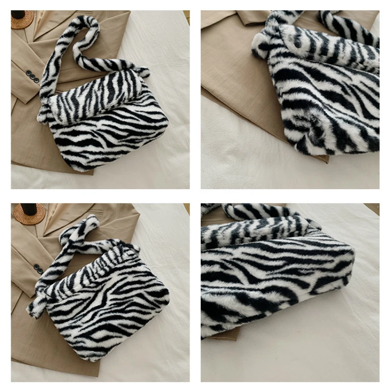

Soft Plush Faux Fur Female Shoulder Bag Fashion Design Zebra Pattern Ladies Underarm Bags Simple Large Capacity Women Handbgas