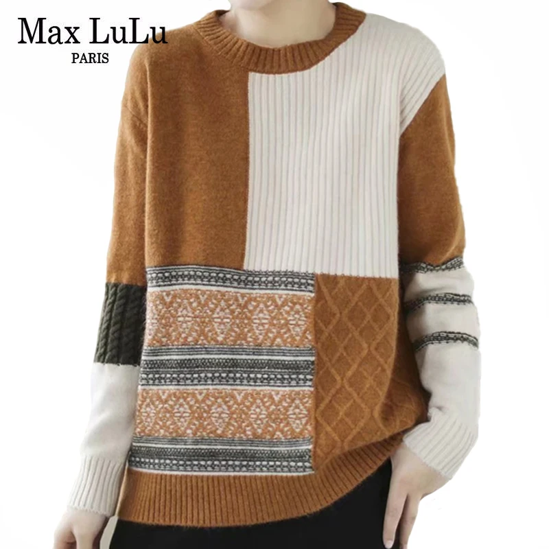 

Max LuLu 2021 Winter Womens Patchwork Vintage Sweaters European Style Female Elegant O-Neck Design Loose Jumpers Casual Pullover