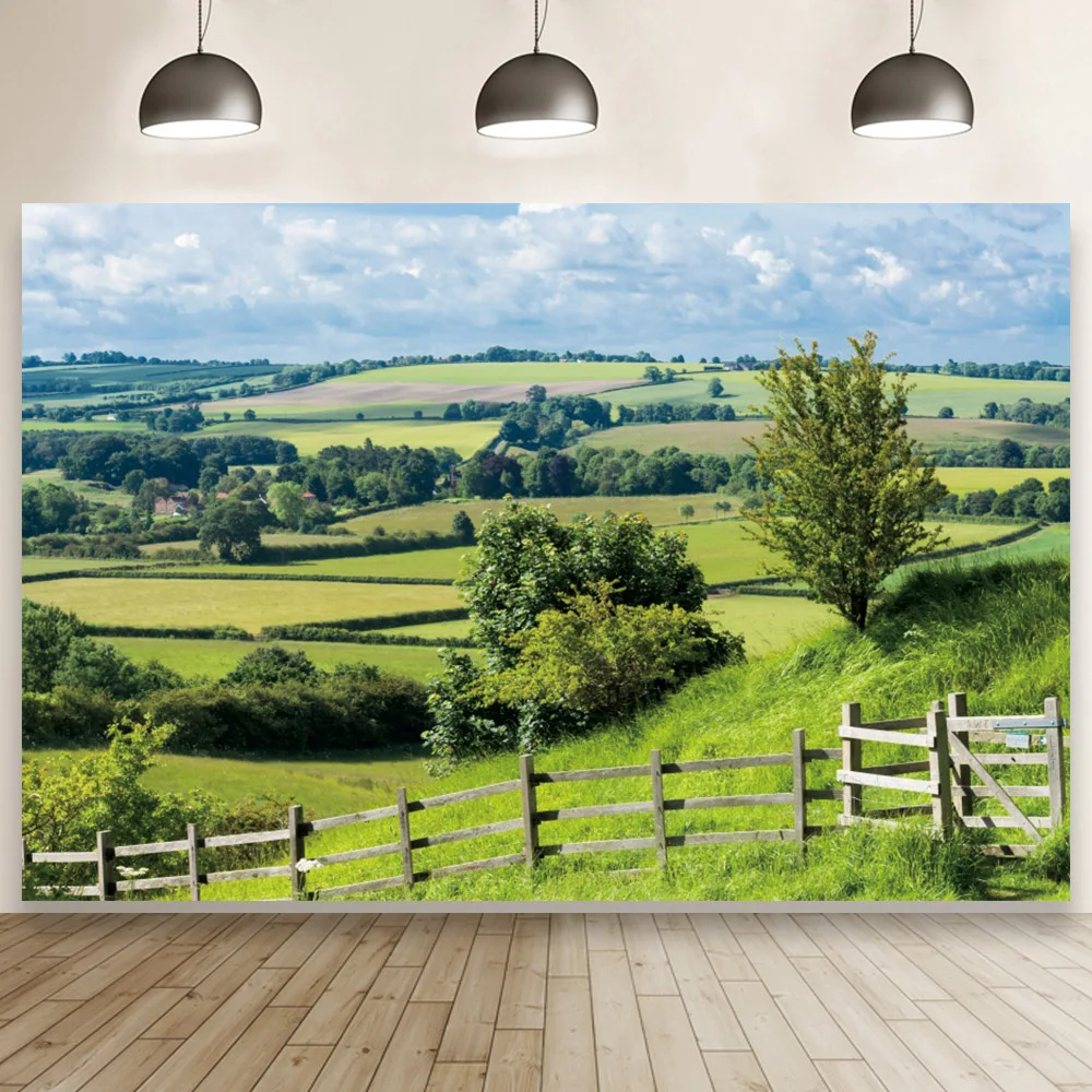 

Green Field Woods Fence Portrait Photography Studio Supplies Backgrounds Backdrop Photo White Clouds Banner Props Home Decor