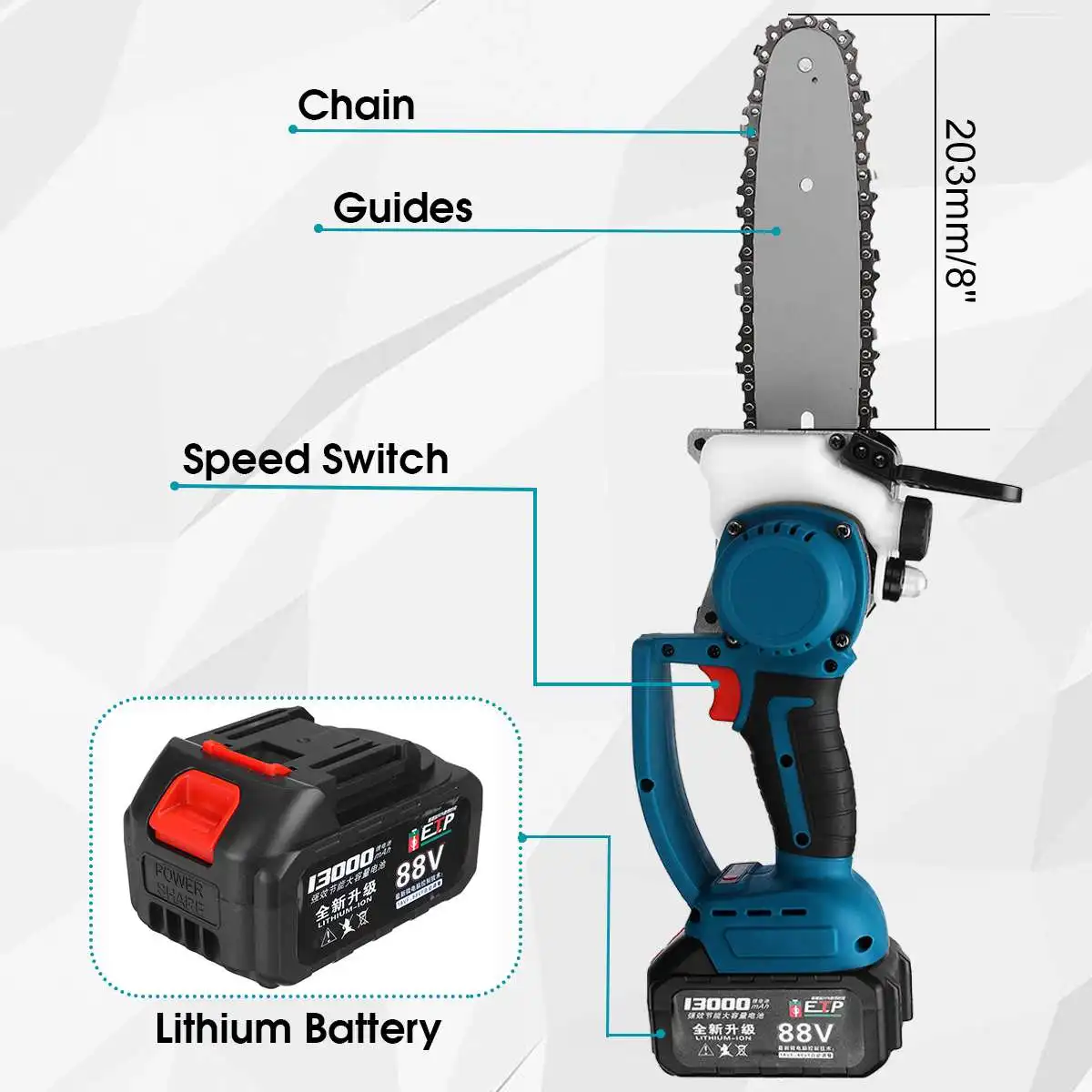 

88V 1200W Cordless Electric Chain Saw Lithium Battery Mini Pruning Garden Tool With Chain Saws Rechargeable Woodworking Tool