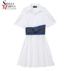 Новинка 2021, однотонное Белое Женское летнее платье-рубашка с короткими рукавами и джинсовыми поясом, женское элегантное офисное платье, женский стиль 8411