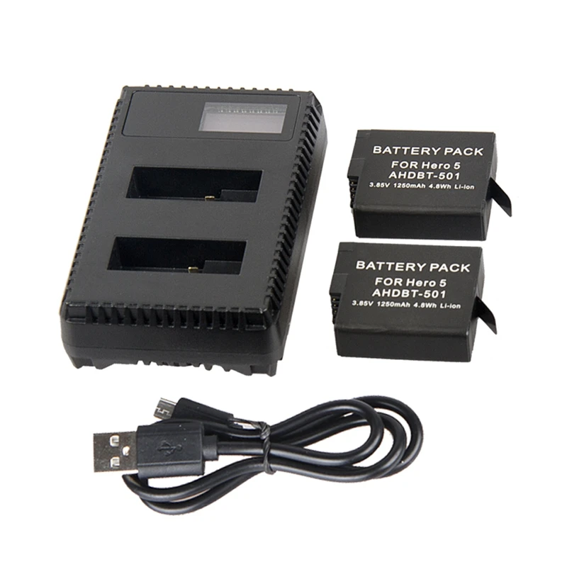 Два сменных аккумулятора и двойное зарядное устройство для gopro HERO 6 HERO6 Black 5 HERO5 (2018)
