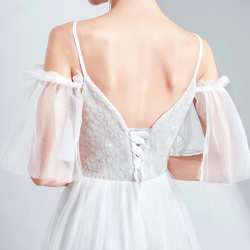 

Evening Dresses Illusion Off The Shoulder Spaghetti Strap Tulle V-Neck A-Line Beading Embroidery Lace Women Formal Gown TS555