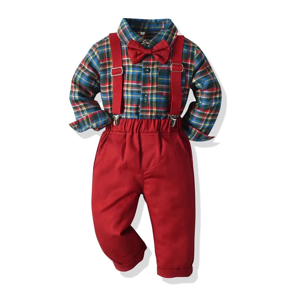 

Autumn Formal Suit for Boy Kids Clothes Multi Color Plaid Shirt + Red Pant + Strap 3 PCS/Set Infant Children Christmas Costume