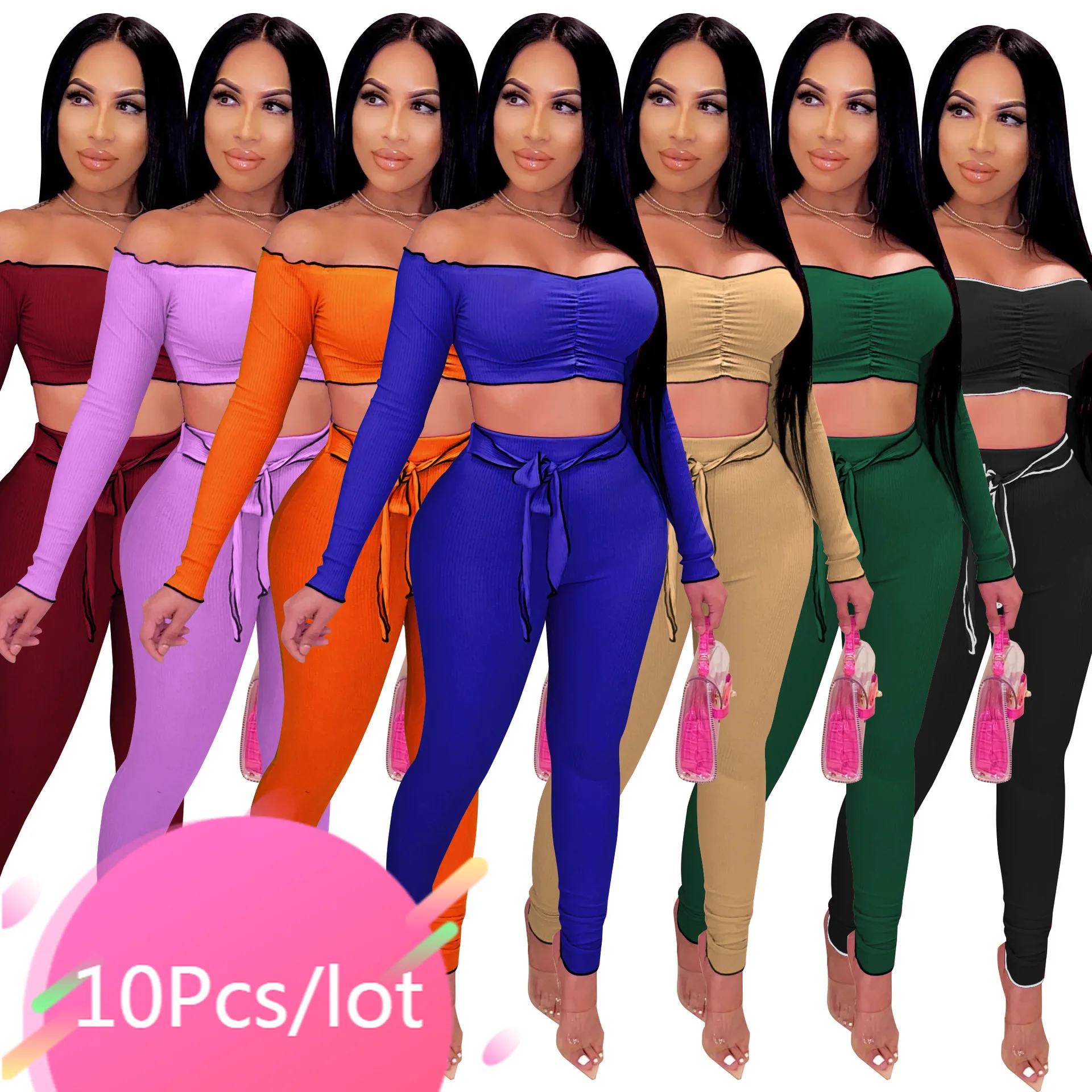

Bulk Item Wholesale Lots Two Pieces Pant Set Women Slash Neck Crop Tops Bodycon Long Pant Suits Sexy Party Club Matching Sets