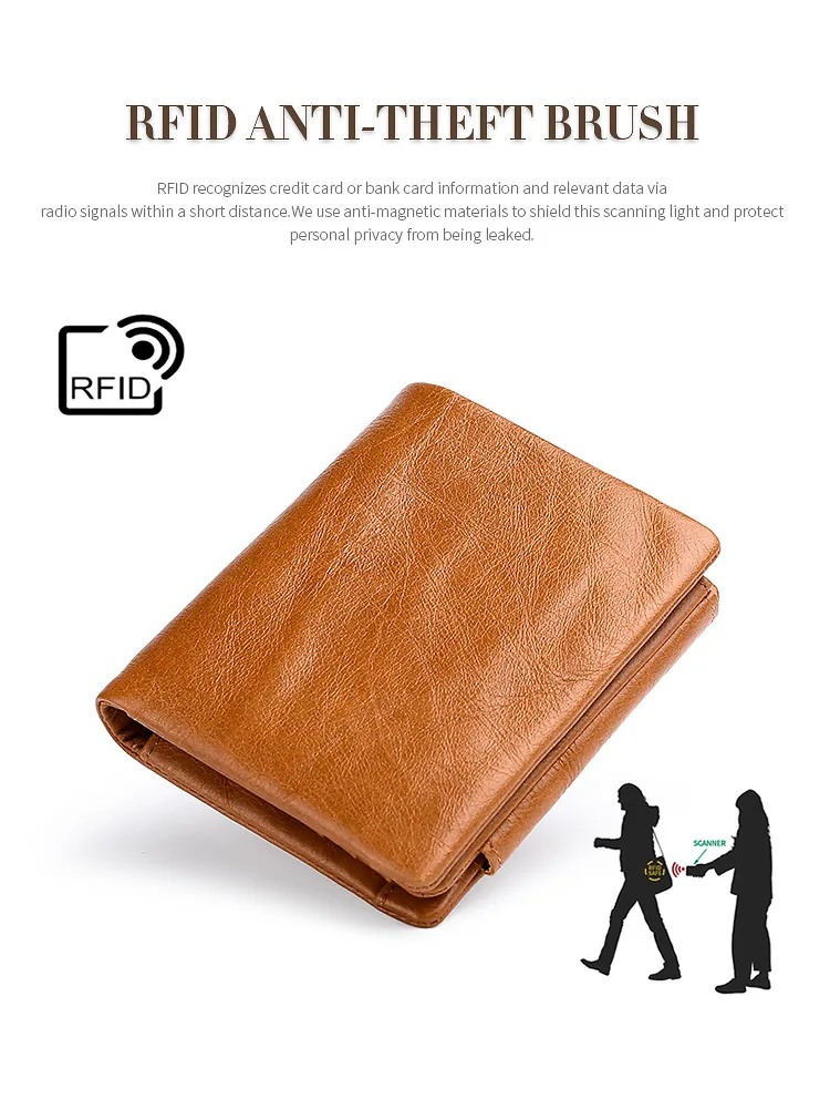 

Male Cow Leather Wallets Vintage Genuine Leather Wallet Zipper 3 Fold Pocket Money Bag Coin Purse Anti Theft RFID Wallet Men