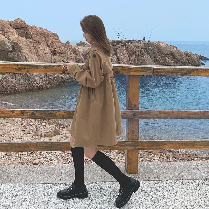 

Windbreaker Women's Middle Long 2021 Spring Autumn New Casual Coat French Double Breasted Korean Loose Fashion Coat