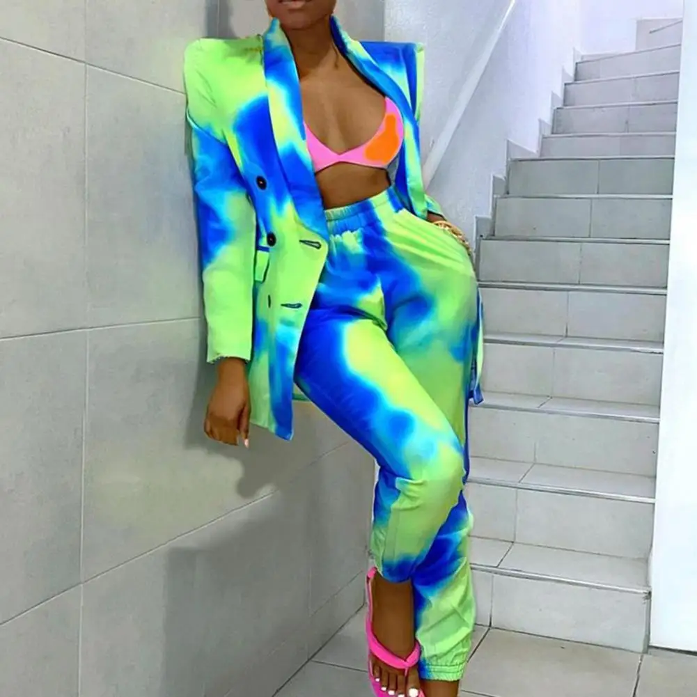 

Women Blazer Pants Suit Sexy Autumn Lady Blazer Suit Cardigan Colorful Printed Leisure Right Angle Shoulder Tie Dye Pants Suit