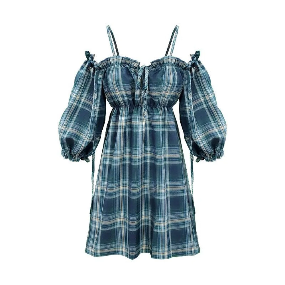 

2021 Vintage Short Sleeve Dress Women Plaid Slash Neck Ruffles Lace Up Korean Style Sweet Sexy Street Wear Elegant Womens Retro