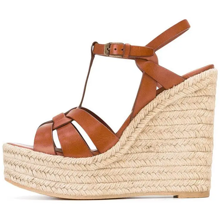 

Braided Wrapped Wedge Sandals High Heeled Shoes T-bar Strap Spring Summer Party Dress Shoes Brown Black WeavingPlatform Sandals