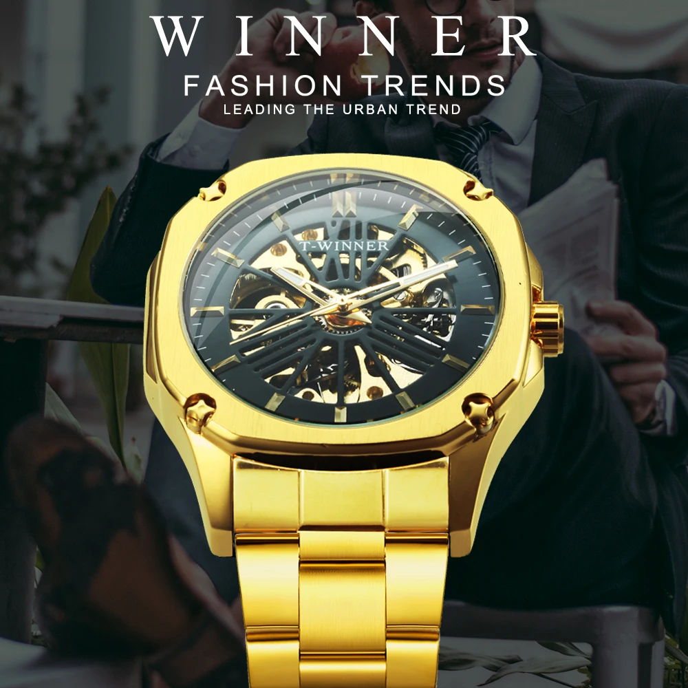 WINNER официальный розовое золото автоматические механические мужские часы лучший бренд класса люкс Скелет квадратный циферблат Винтаж Бизнес наручные часы