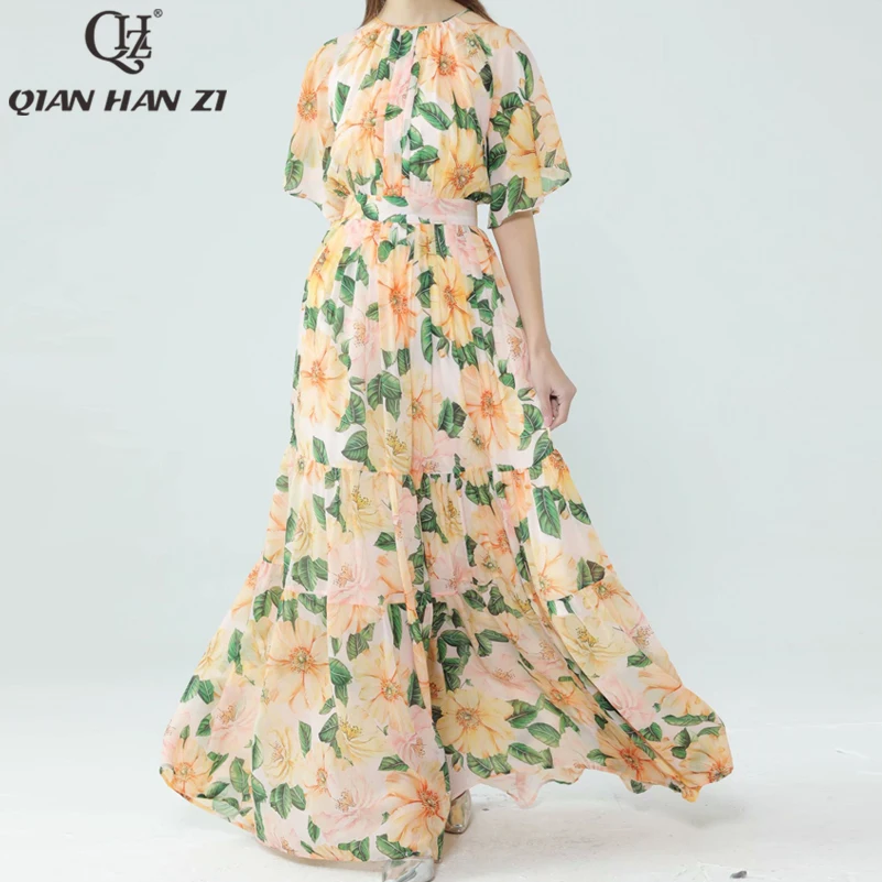 Qian Han Zi 2021 new runway fashion summe long dress Women's Lotus Leaf Sleeve Floral Print Slim Fit Elegant beach Maxi Dress