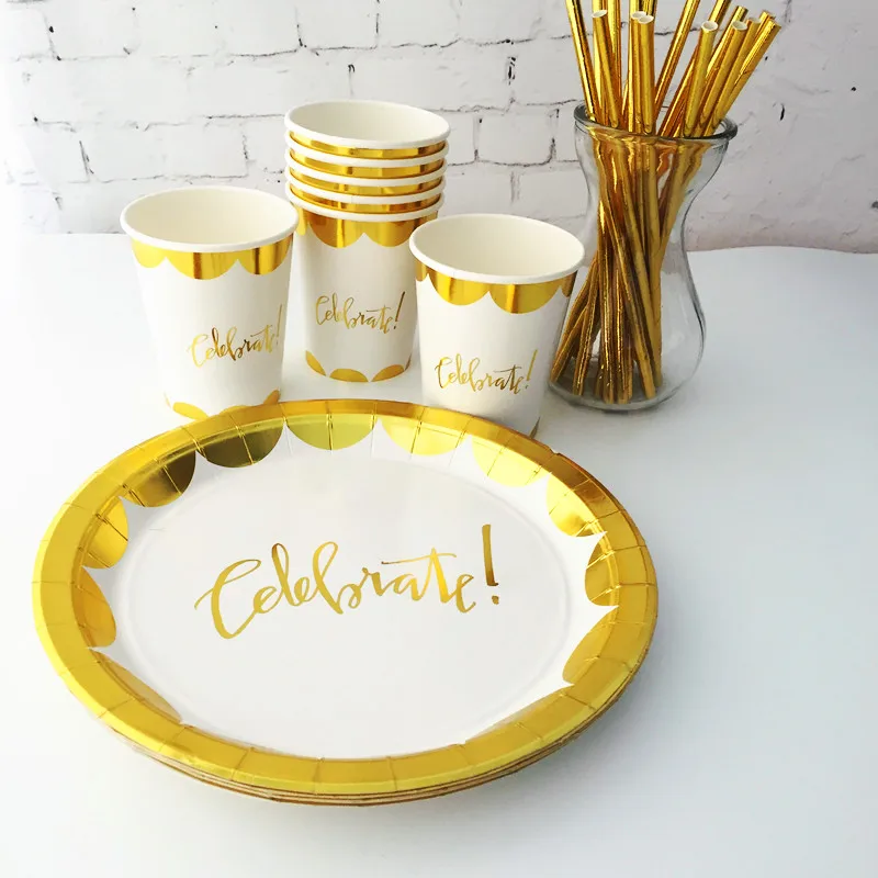 Бесплатная доставка 32 шт Круглые 9 &quotбумажные тарелки из фольги золотые ярко
