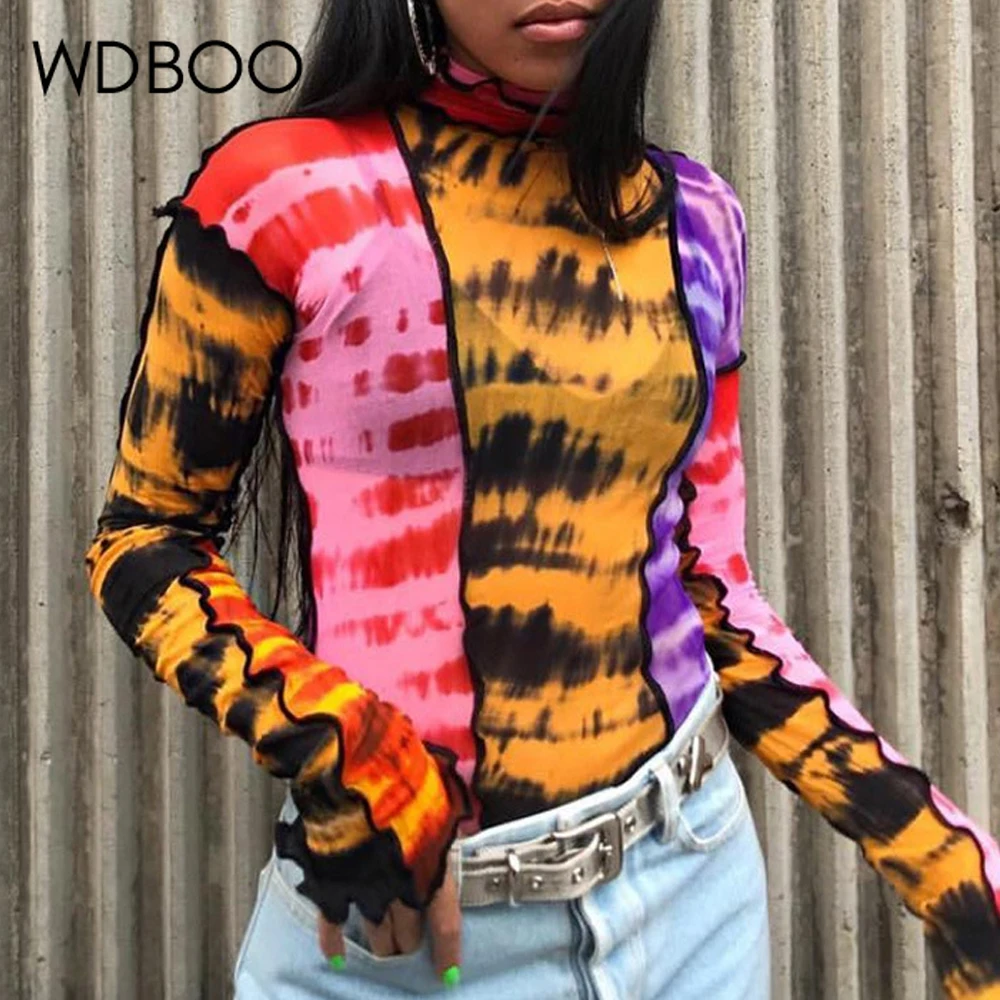Изящная тонкая Сетчатая футболка WDBOO осенняя цветная прозрачная с длинным