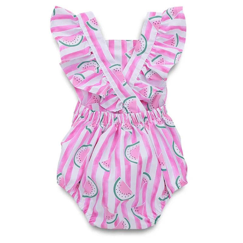 Милый розовый Боди в полоску с принтом арбуза рукавами-крылышками и открытой
