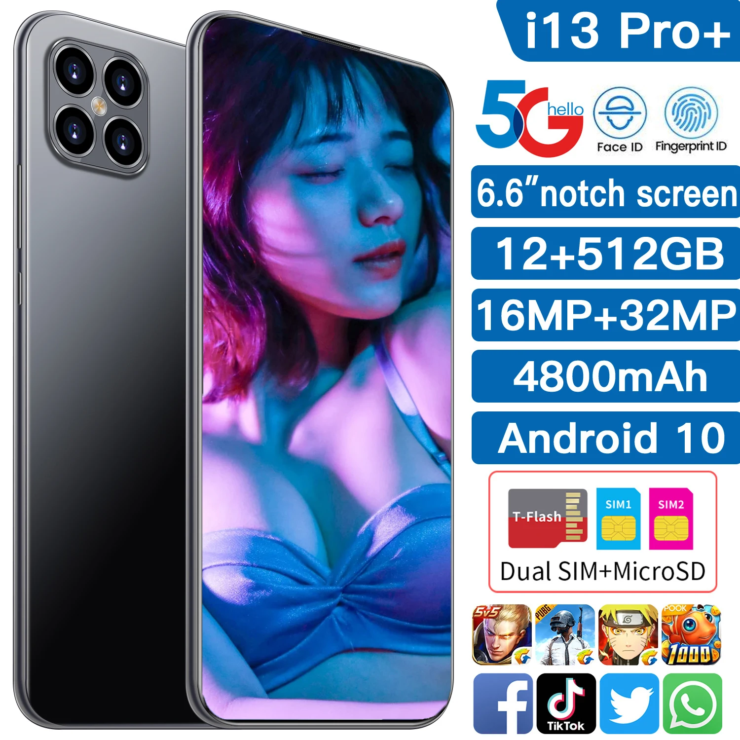 

5G I13 Pro Global Version Smartphone 6.6 Inch Snapdragon 888 4800mAh 12GB 512GB 16MP 32MP Face ID Mobile Phone
