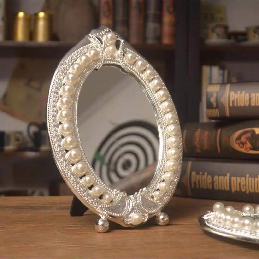 

European Single Mirror зеркало косметическое Silver Dressing Mirrors Table Pearl Light Luxury Makeup Elliptical Creative Gift