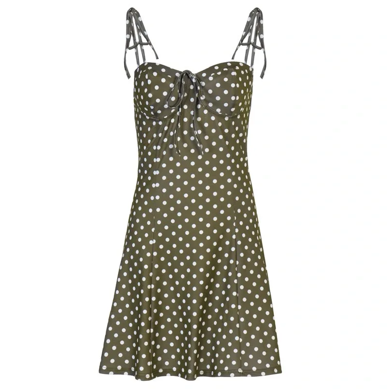 

Polka Dot Printed Mini Dress 2021 Sexy Low Cut Spaghetti Strap Lace Up Backless Holiday Beach Dresses Ladies Mini Vestidos