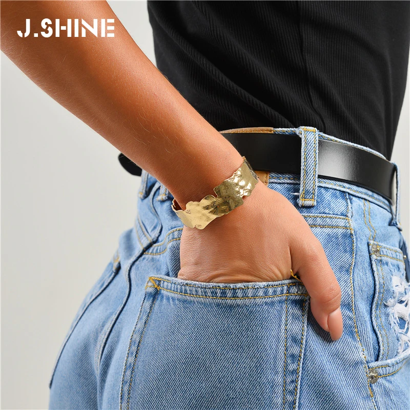 

J.Shine Trendy Gold Color Hammered Irregular Metal Wide Cuff Bangle Bracelets for Women Fashion Simple Wrist Jewelry