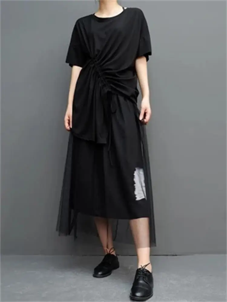 

Personalized Drawstring Short-sleeved T-shirt 2021 Summer Casual Casual Irregular Jacket Hong Kong Style Loose Lace T-shirt