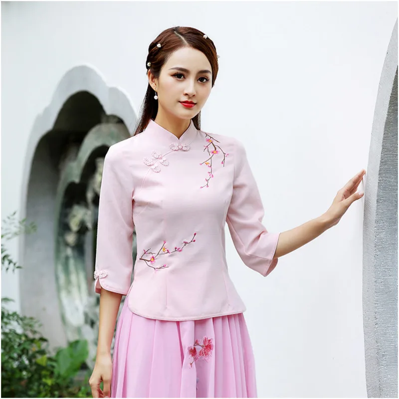 Sheng Coco новые женские рубашки из хлопка и льна с вышивкой цветком сливы в китайском