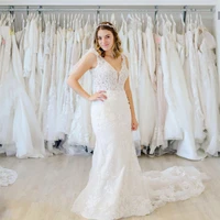 charming straight wedding dress v neck tank lace appliques sequins beads backless sweep train bride gown 2021 vestidos de noiva
