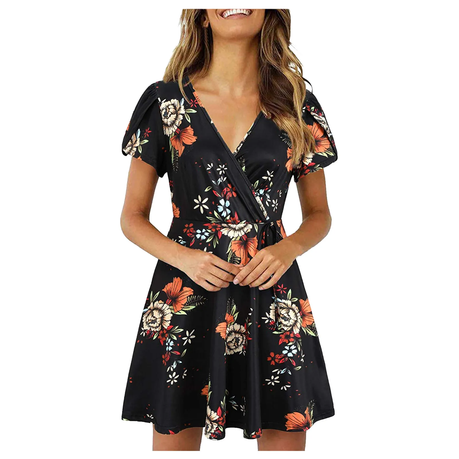 

2021De moda de gasa negro de impresión elegante Floral suelto Mini vestido de las nuevas mujeres linterna de