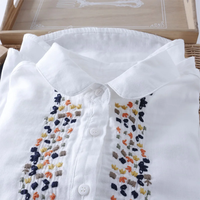 

Doll Collar Embroidered Fresh Top Blouse Cotton Breathable Shirt Simple Women