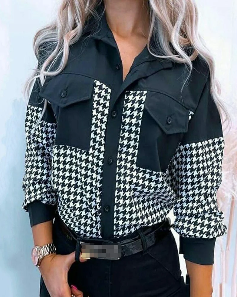 

Women's Polo Shirt Houndstooth Pattern Button Front Flap Pocket Top