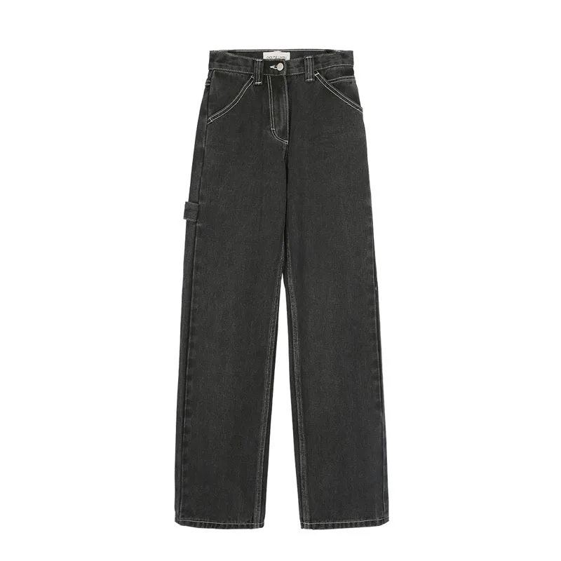 

2021 New Smoke Grey Bf Retro Casual High Waist Wide Legs Straight Barrel Baggy Jeans Woman