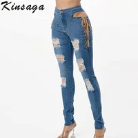 sexy side bandage skinny ripped pencil jeans women high waist cut out stretchy denim pants vintage lace up leggings indie jeans