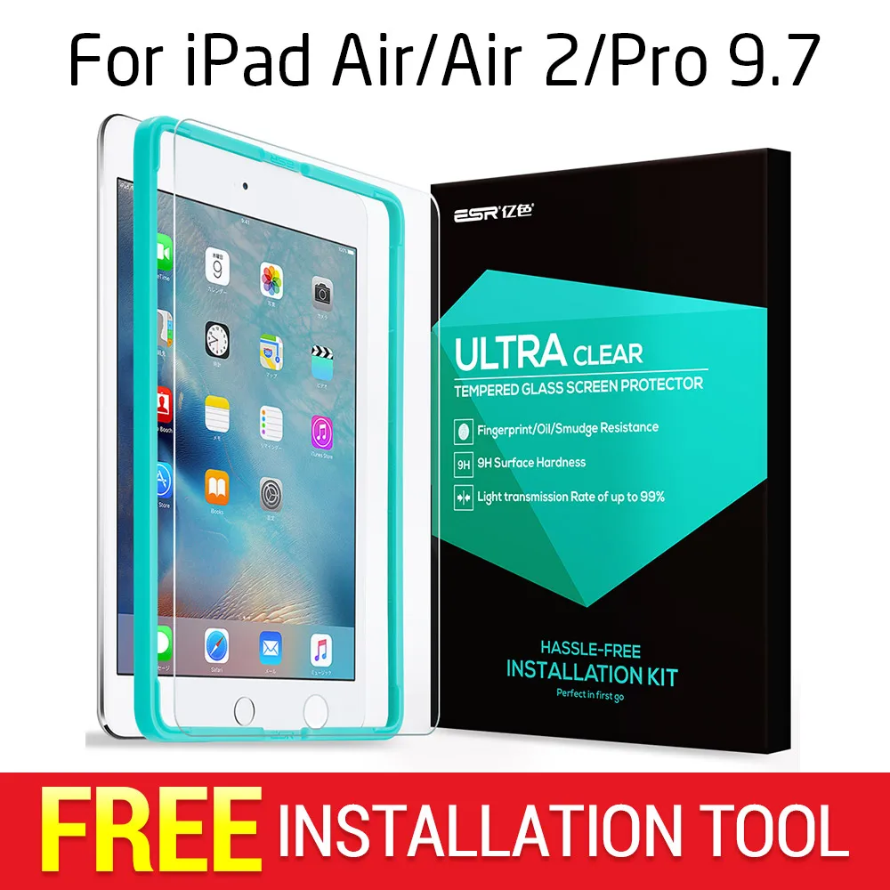 Экран протектор для iPad /air/Air 2/Pro 9.7, ESR тройной прочность закаленного Стекло Плёнки аппликатор для iPad 9.7 дюймов