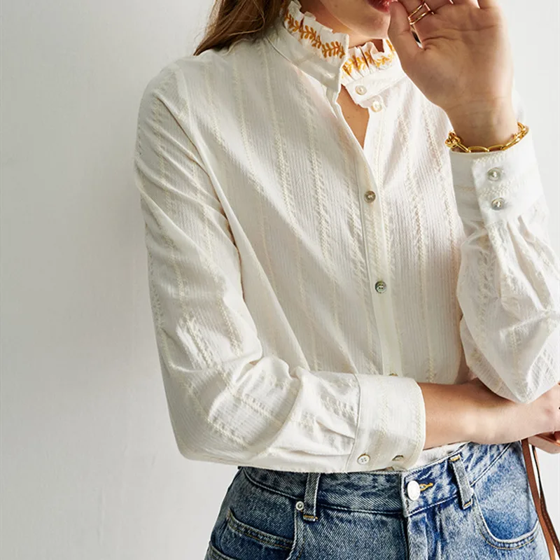 

2020 Yellow Embroidered Flowes Collar Shirt Women Long Sleeve Cotton Girls Blouse Spring Casual Femme Single-breasted Top