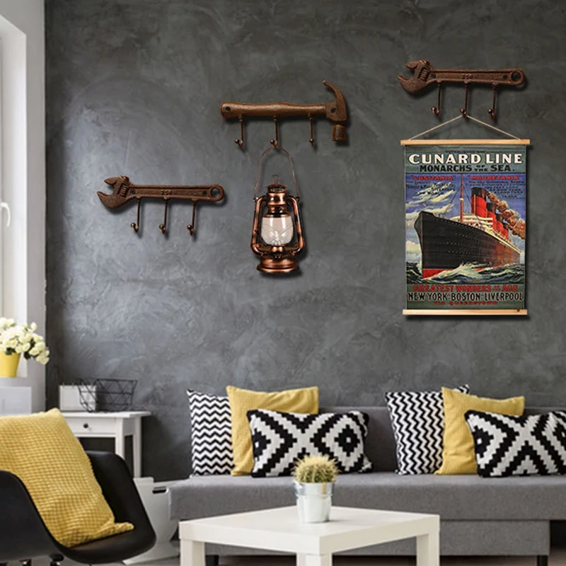 

Retro Cast Iron Wall Hooks Home Decoration Metal Hanger Hammer Wrench Style Wall Mounted Coat Key Hook Towel Rack