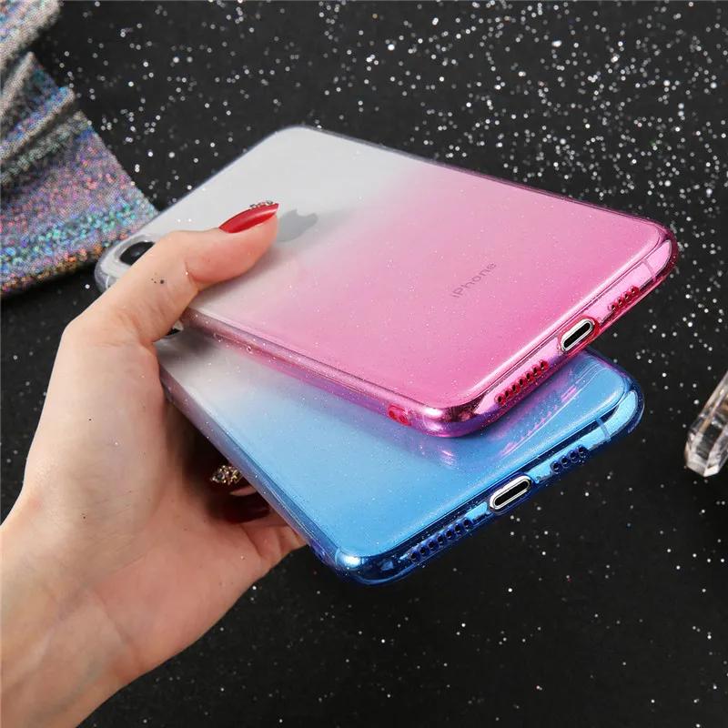 For iPhone X XR XS Max 8 7 6 6s Plus Sparkle Bling Glitter Rainbow Gradient Color Transparent Soft Silicone TPU Phone Case Cover |