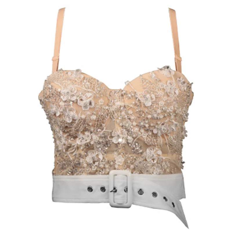 Sexy Slim Push Up Spaghetti Strap Camis 2020 Fashion Adjustable Lace Pearl Sequins Padded Soft Wire Breathable Dance Crop Top