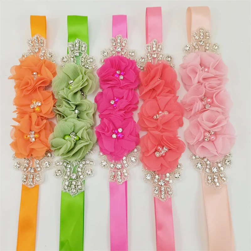 Elegant handmade flower belt rhinestone beaded belt bridal ribbon wedding dress belt 29 colors For Wedding Dresses