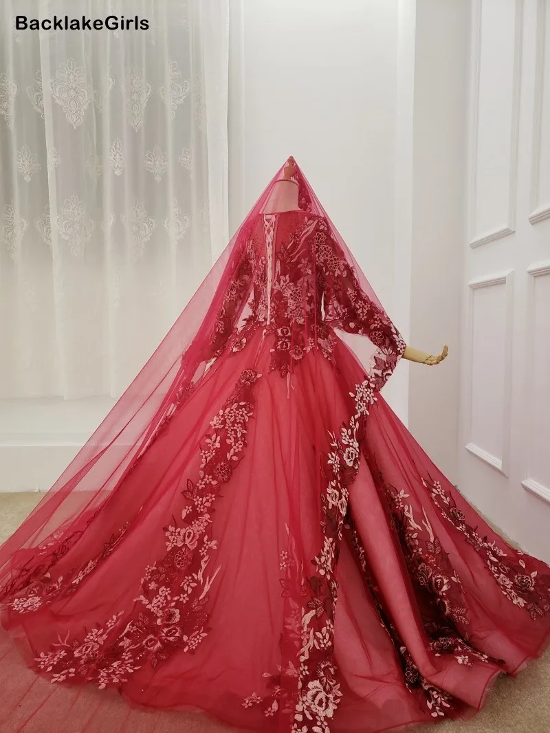 Красные Свадебные платья с вышивкой и аппликацией в виде цветка круглый вырез