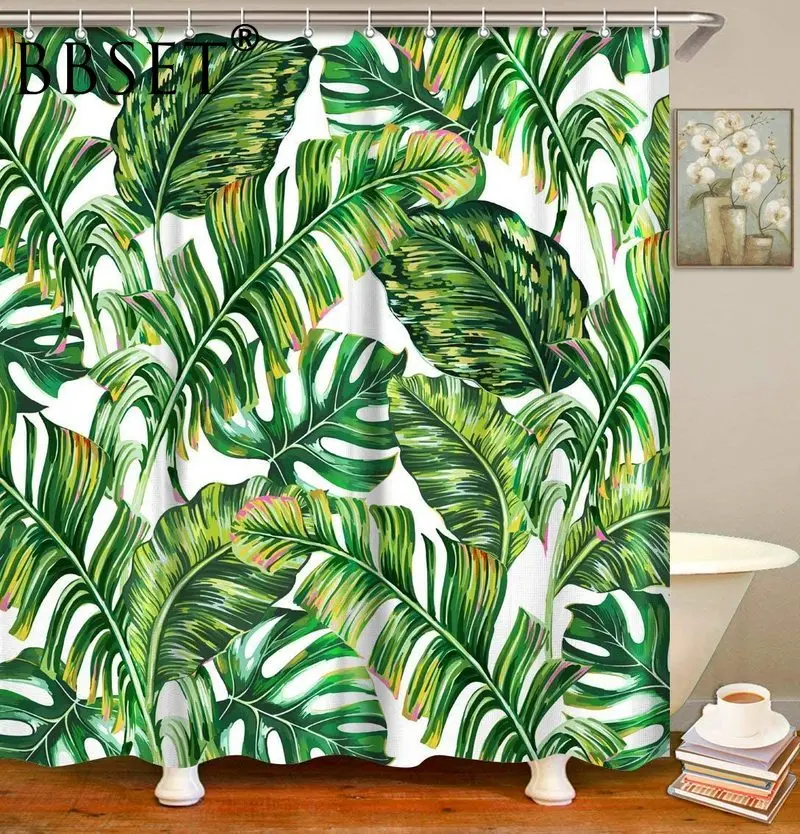 

Green Plants Shower Curtain Tropical Palm Leaf Pattern Waterproof Multi-size Cortina De Bano Bathroom Decor with 12 Hooks