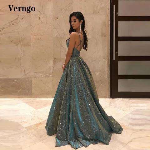 Verngo Sparkly A Line Long Prom Dresses Scoop Neck Criss Cross Straps Floor Length Evening Gowns Glitter Special Occasion Dress