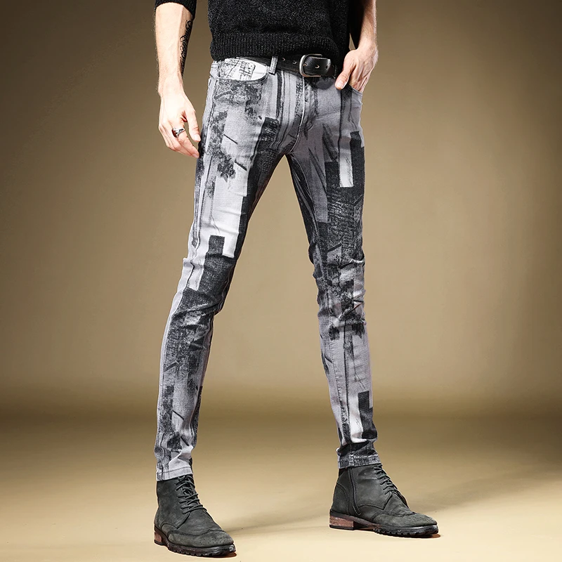 

Fashion Printed Jeans Men Gray Straight Denim Slim Fit Pencil Pants