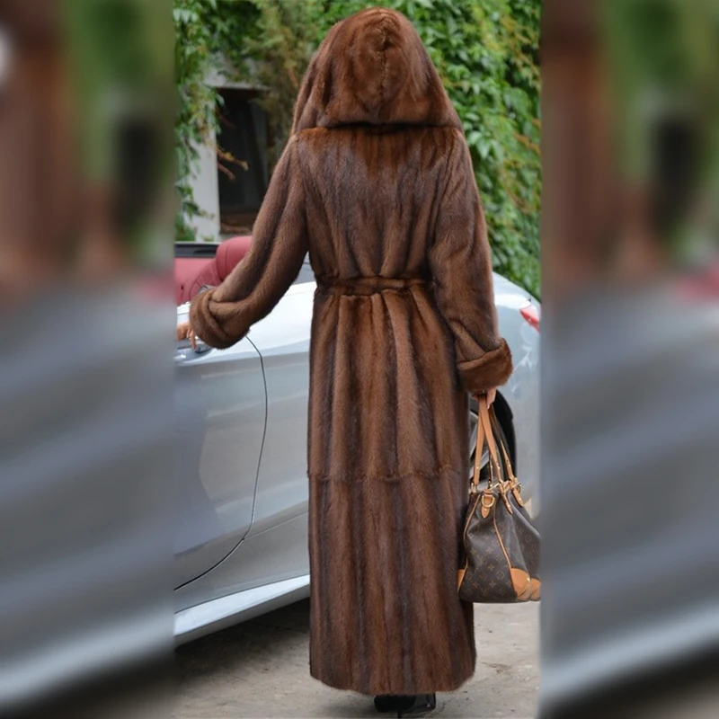 Natural Mink Fur Coats With Hood Luxury Women Winter Fashion 120cm Long Real Fur Coat Trendy Woman Natural Mink Fur Overcoats