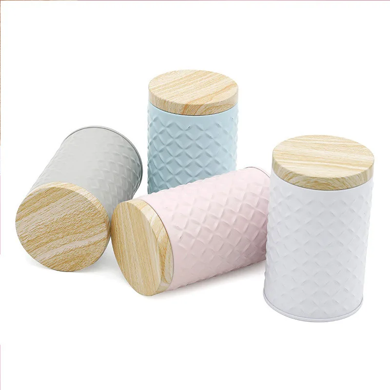 

1 pc Round Empty Iron Box With Wood Grain Lid Candy Storage Box Diy Candle Making Jar