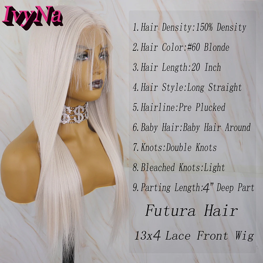 Парик IvyNa 60 # белый светлый шелковистый прямой синтетический парик на сетке